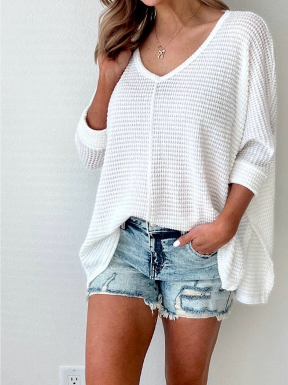 Zenana Waffle V-Neck 3/4 sleeve Top in teal